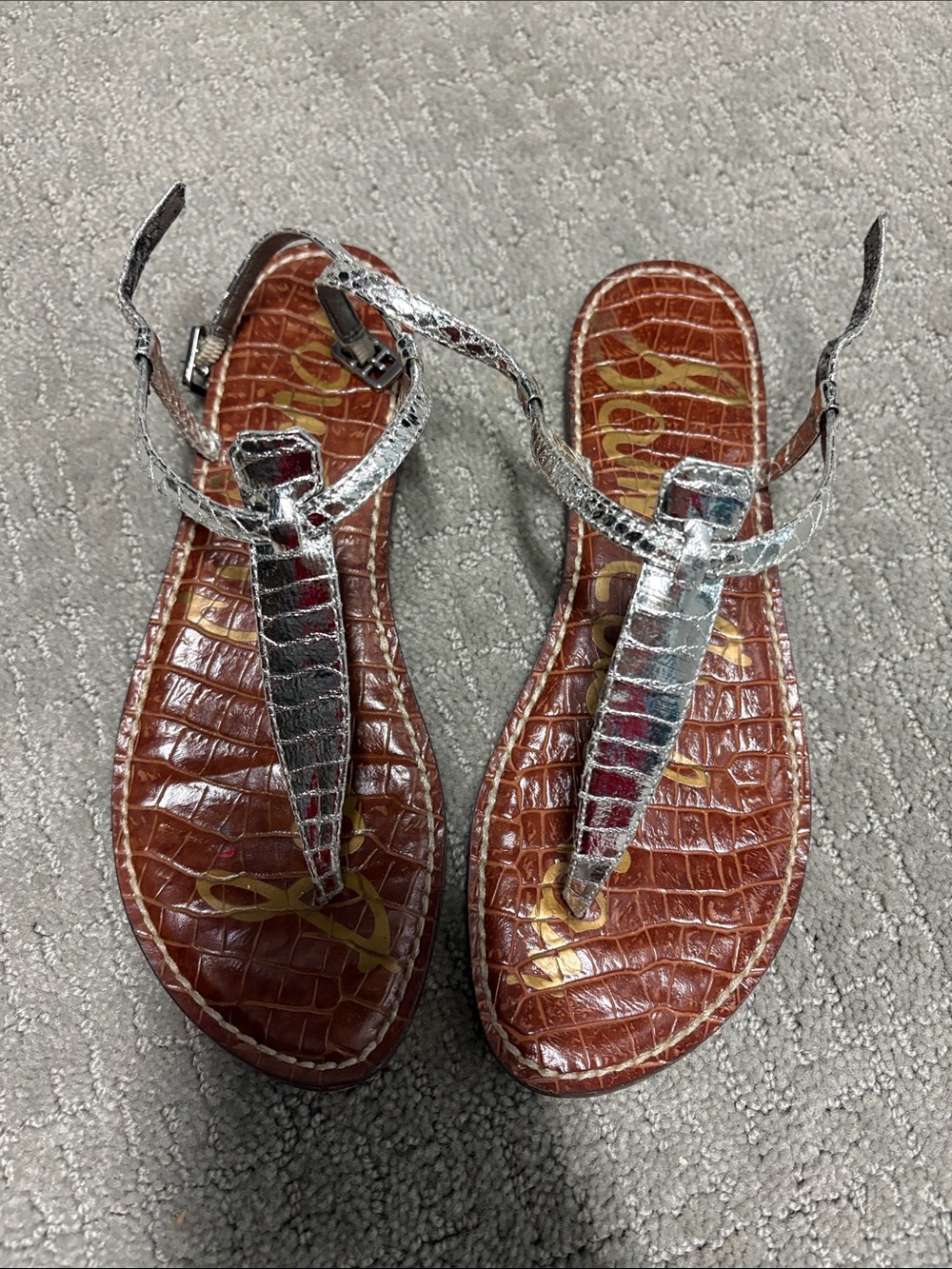 Sam Edelman Silver Metallic T-Strap Croc-Embossed Sandals with Brown Footbed